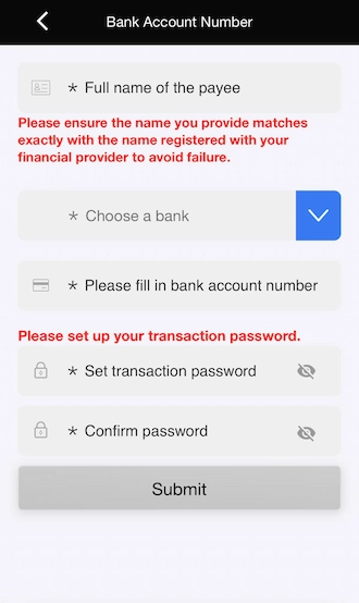 📌Step 3: Fill in your bank card information and create a transaction password.